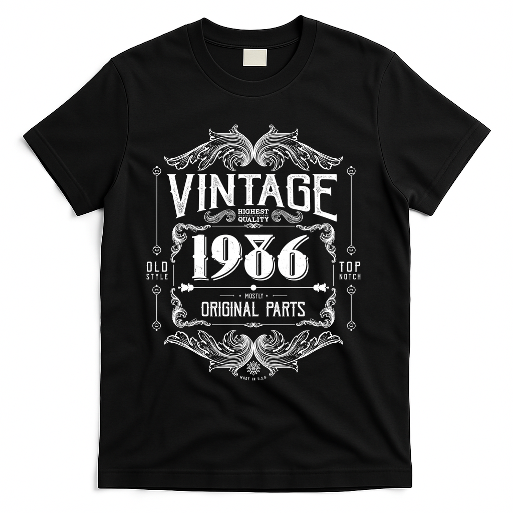 40th Birthday Vintage 1986 Old Style Top Notch Mostly Original Parts Whiskey Label T-Shirt - Black