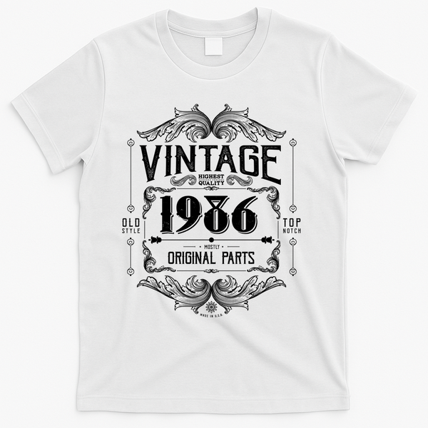 40th Birthday Vintage 1986 Old Style Top Notch Mostly Original Parts Whiskey Label T-Shirt - White