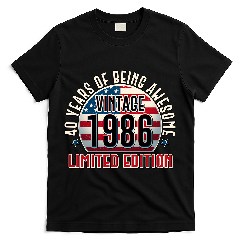 40th Birthday Vintage 1986 Limited Edition Years Of Being Awesome USA Flag  T-Shirt - Black