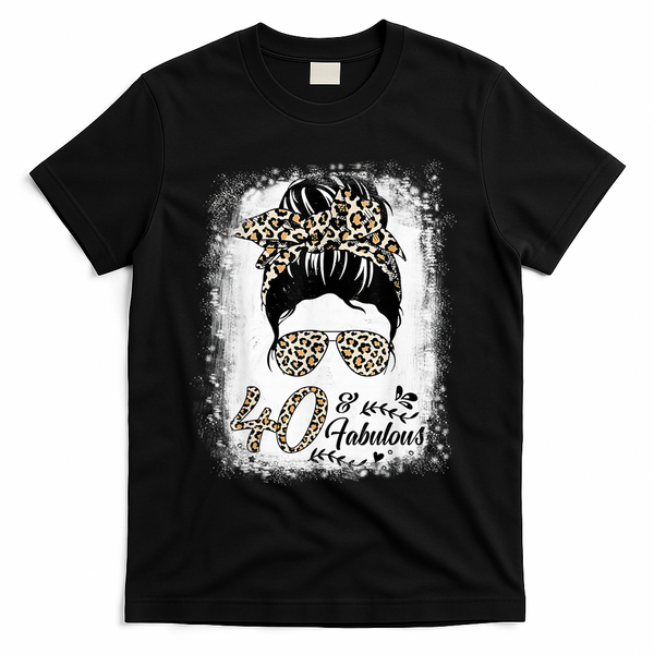 40 Years Old Fabulous Messy Bun Leopard 40th Birthday T-Shirt - Black
