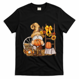 Autumn Fall Season Gnome Pumpkin Floral T-Shirt - Black