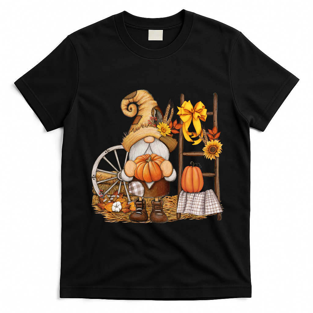 Autumn Fall Season Gnome Pumpkin Floral T-Shirt - Black
