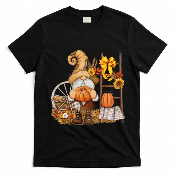 Autumn Fall Season Gnome Pumpkin Floral T-Shirt - Black