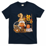Autumn Fall Season Gnome Pumpkin Floral T-Shirt - Navy Blue