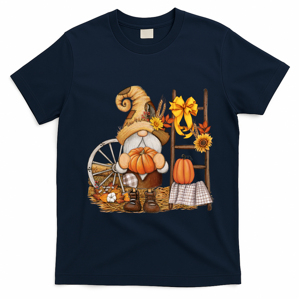 Autumn Fall Season Gnome Pumpkin Floral T-Shirt - Navy Blue
