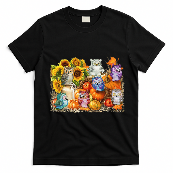 Autumn Owl Sunflower Pumpkin Halloween Costume T-Shirt - Black