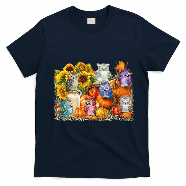 Autumn Owl Sunflower Pumpkin Halloween Costume T-Shirt - Navy Blue
