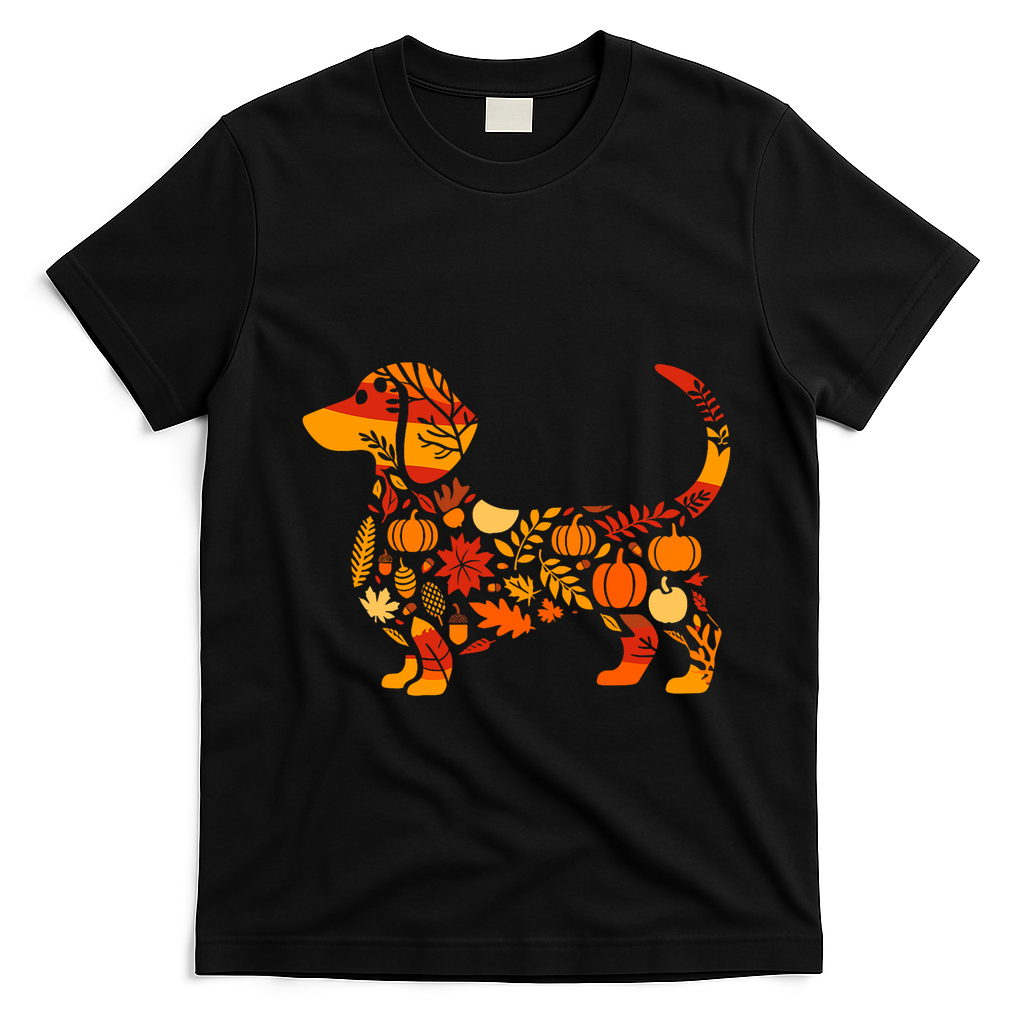 Autumn Pumpkin Fall Dachshund Thanksgiving T-Shirt - Black
