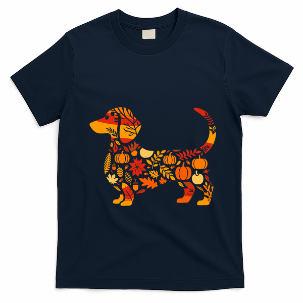 Autumn Pumpkin Fall Dachshund Thanksgiving T-Shirt - Navy Blue