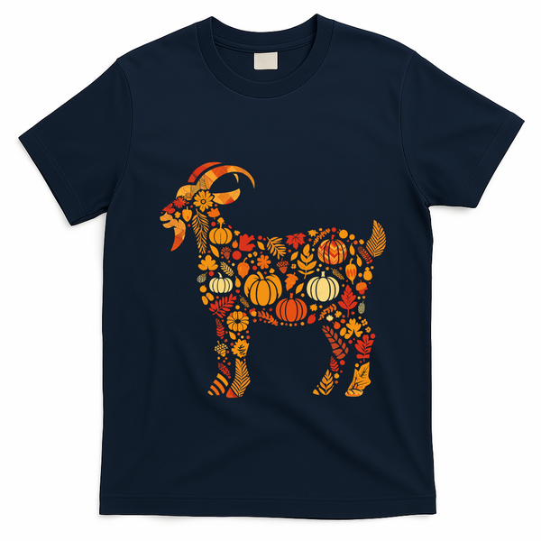 Autumn Pumpkin Fall Goat Thanksgiving T-Shirt - Navy Blue