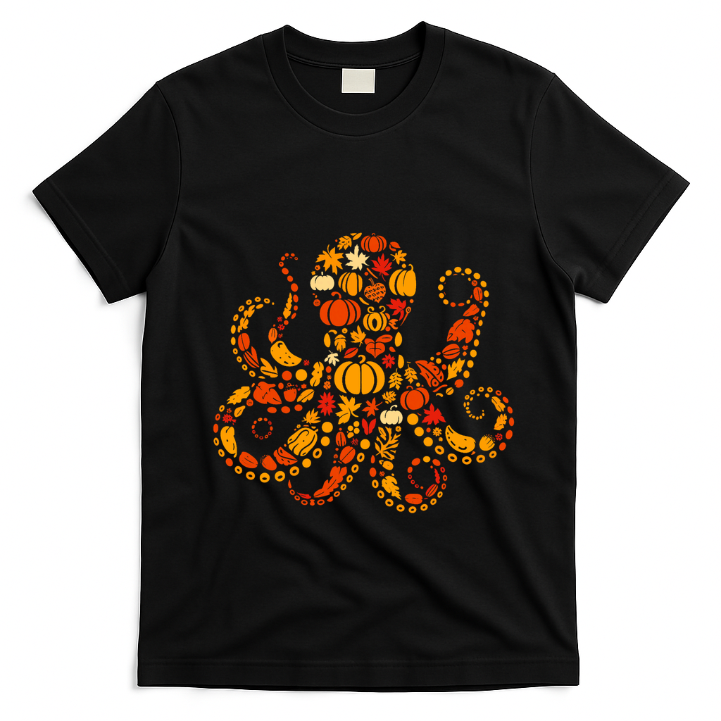Autumn Pumpkin Fall Octopus Thanksgiving T-Shirt - Black