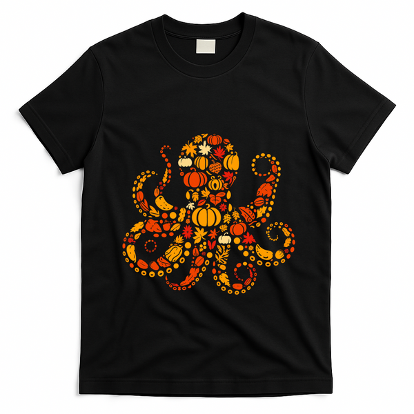 Autumn Pumpkin Fall Octopus Thanksgiving T-Shirt - Black