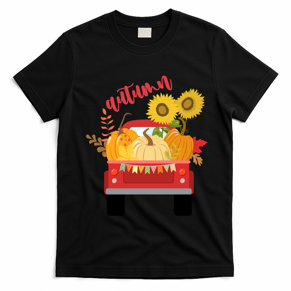 Autumn Sunflower Pumpkin Vintage Truck T-Shirt - Black