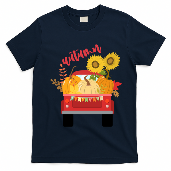 Autumn Sunflower Pumpkin Vintage Truck T-Shirt - Navy Blue