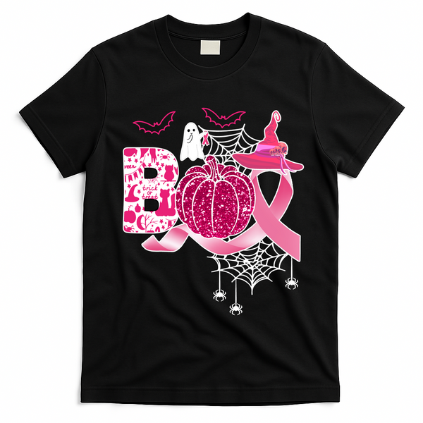 Boo Halloween Pumpkin Pink Ribbon Witch Ghost Breast Cancer T-Shirt - Black