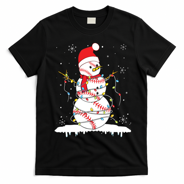 Baseball Snowman Santa Hat Christmas Baseball Player Gift T-Shirt - Black
