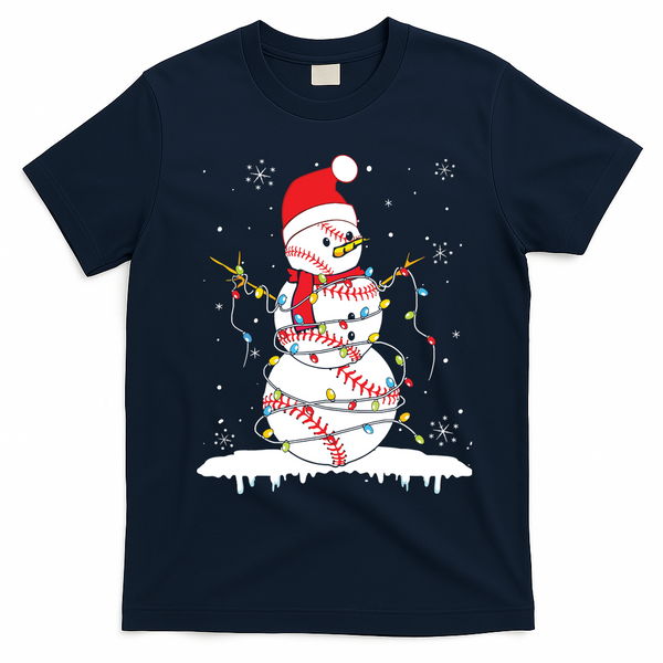 Baseball Snowman Santa Hat Christmas Baseball Player Gift T-Shirt - Navy Blue