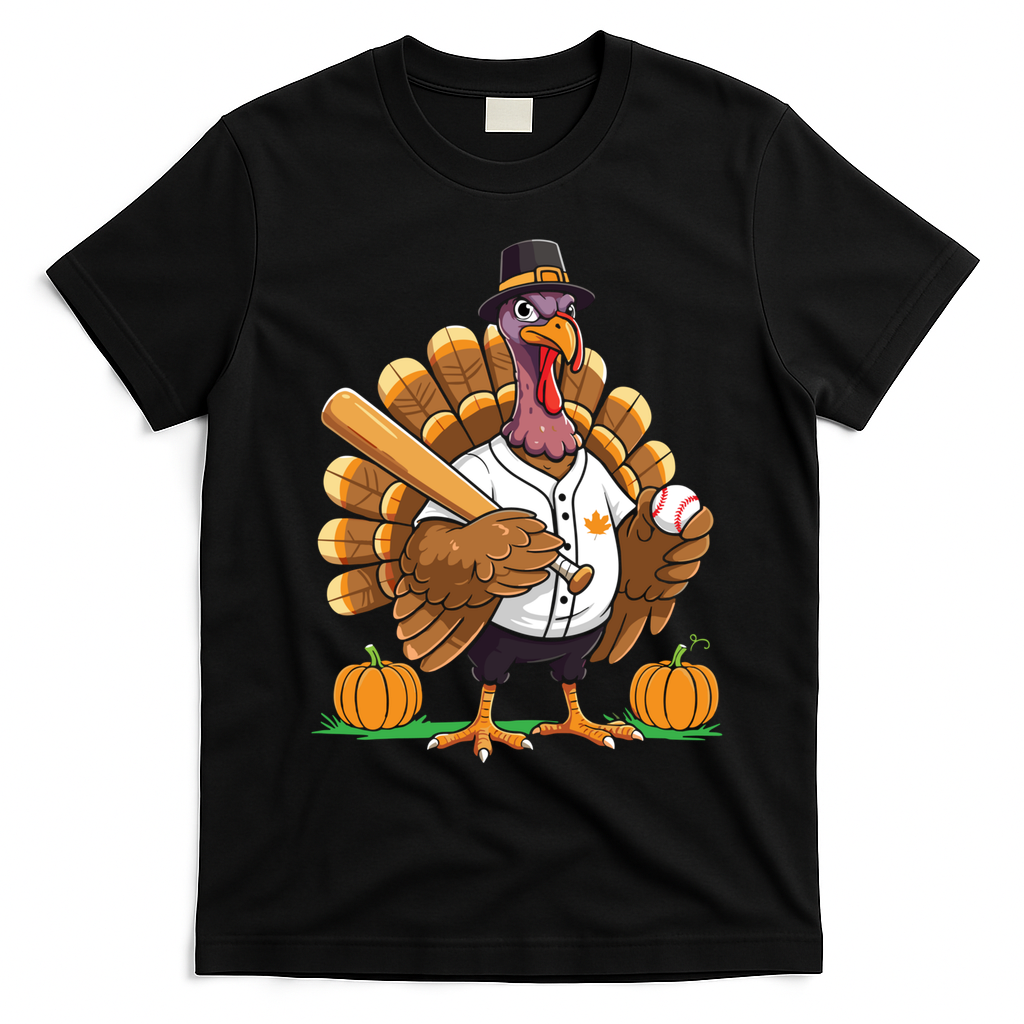 Baseball Turkey Pilgrim Thanksgiving Pumpkin Meaningful Gift T-Shirt - Black