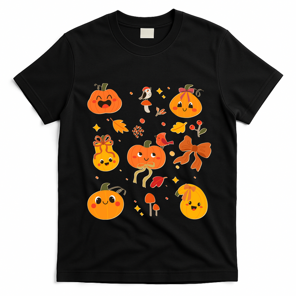 Cute Autumn Fall Pumpkins Ribbons Bows T-Shirt - Black