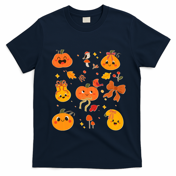 Cute Autumn Fall Pumpkins Ribbons Bows T-Shirt - Navy Blue