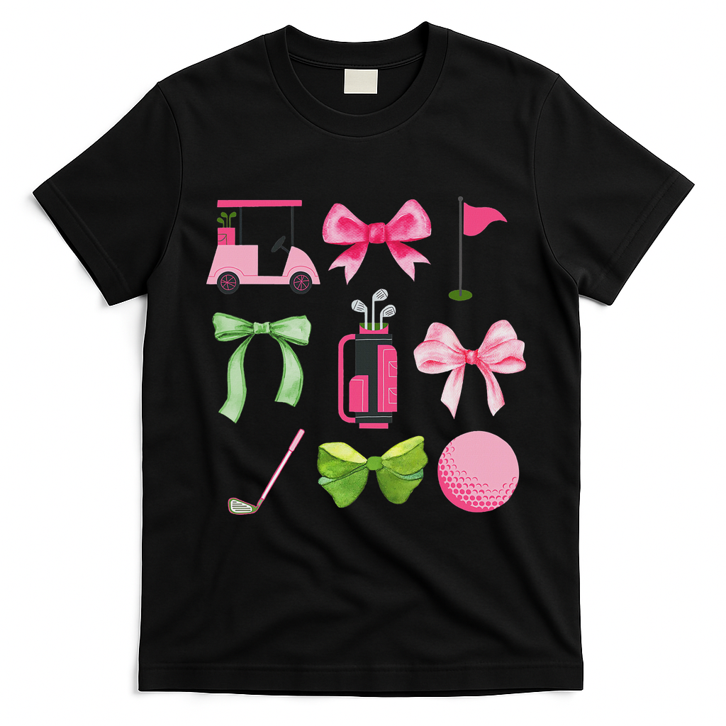 Coquette Bow Golf Cart Game Day Golfing Golfer Golf Lover T-Shirt - Black