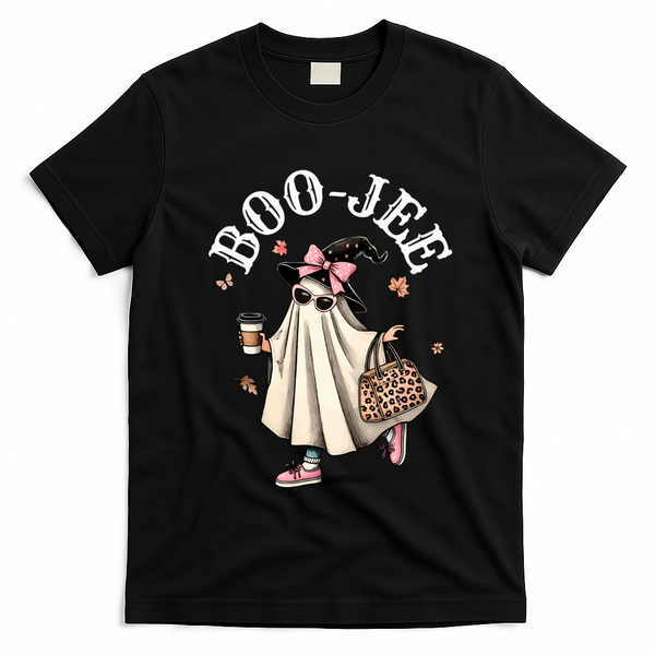 Cute Boo Jee Ghost Halloween Leopard Ghost Coffee Funny Gift T-Shirt - Black