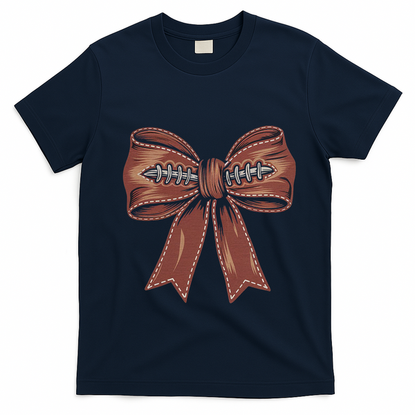 Coquette Bow Pumpkin American Football Autumn Thanksgiving T-Shirt - Navy Blue