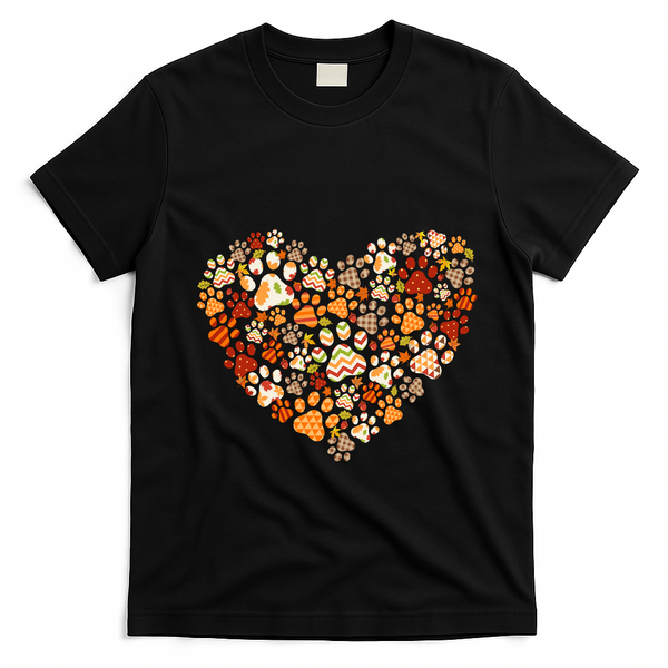 Cute Dog Cat Paw Print Pumpkin Autumn Leaf Fall Thanksgiving T-Shirt - Black