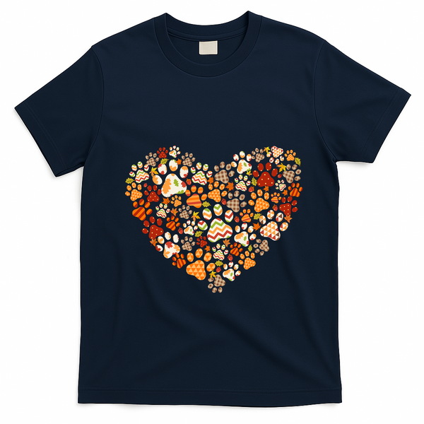 Cute Dog Cat Paw Print Pumpkin Autumn Leaf Fall Thanksgiving T-Shirt - Navy Blue