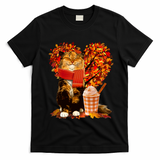 Cute Happy Autumn Cat With Pumpkin Spice Drink Fall Lover T-Shirt - Black