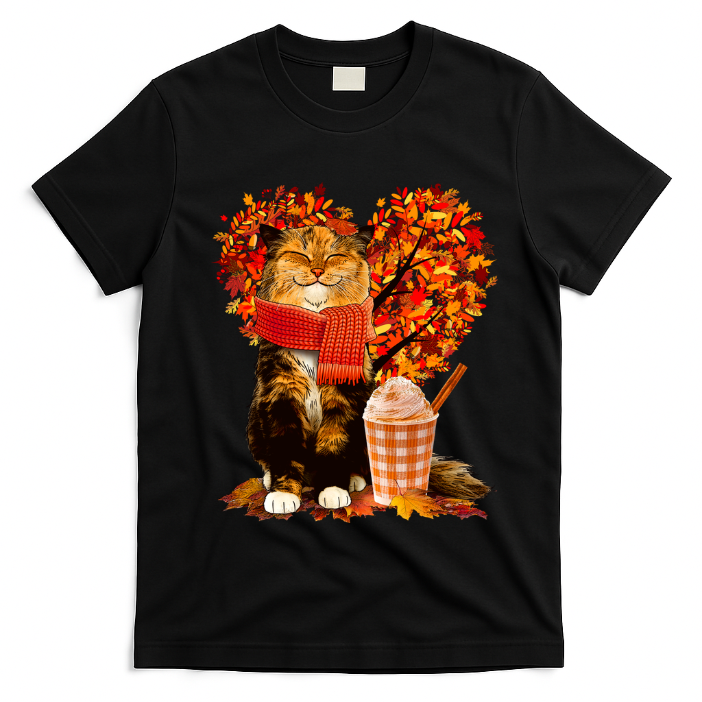 Cute Happy Autumn Cat With Pumpkin Spice Drink Fall Lover T-Shirt - Black