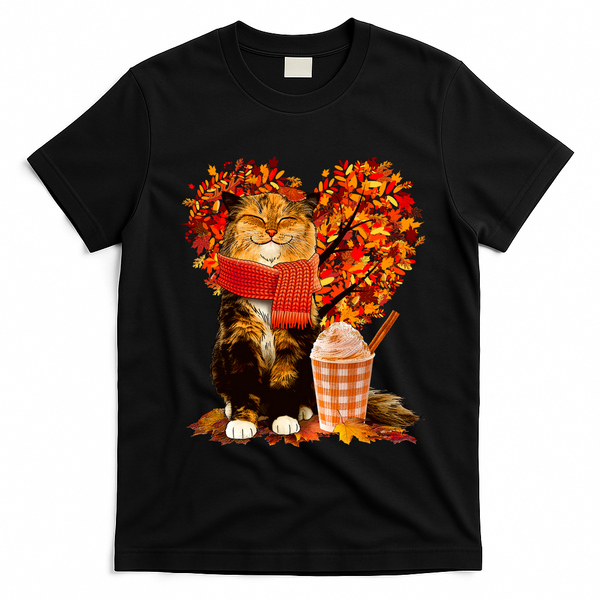 Cute Happy Autumn Cat With Pumpkin Spice Drink Fall Lover T-Shirt - Black