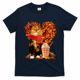 Cute Happy Autumn Cat With Pumpkin Spice Drink Fall Lover T-Shirt - Navy Blue