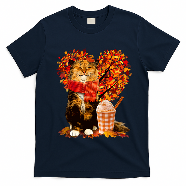 Cute Happy Autumn Cat With Pumpkin Spice Drink Fall Lover T-Shirt - Navy Blue