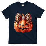 Cute Halloween Pumpkin Leopard Bow T-Shirt - Navy Blue