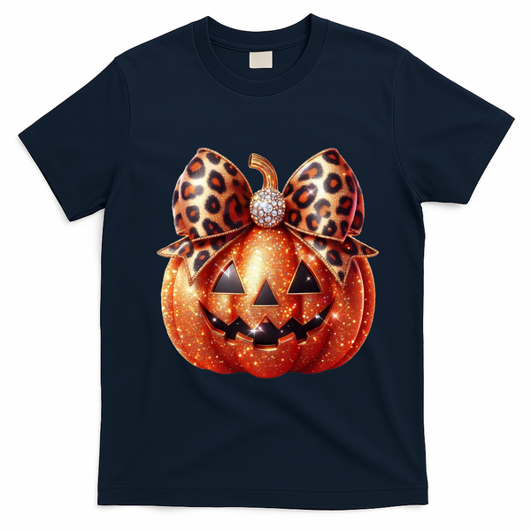 Cute Halloween Pumpkin Leopard Bow T-Shirt - Navy Blue