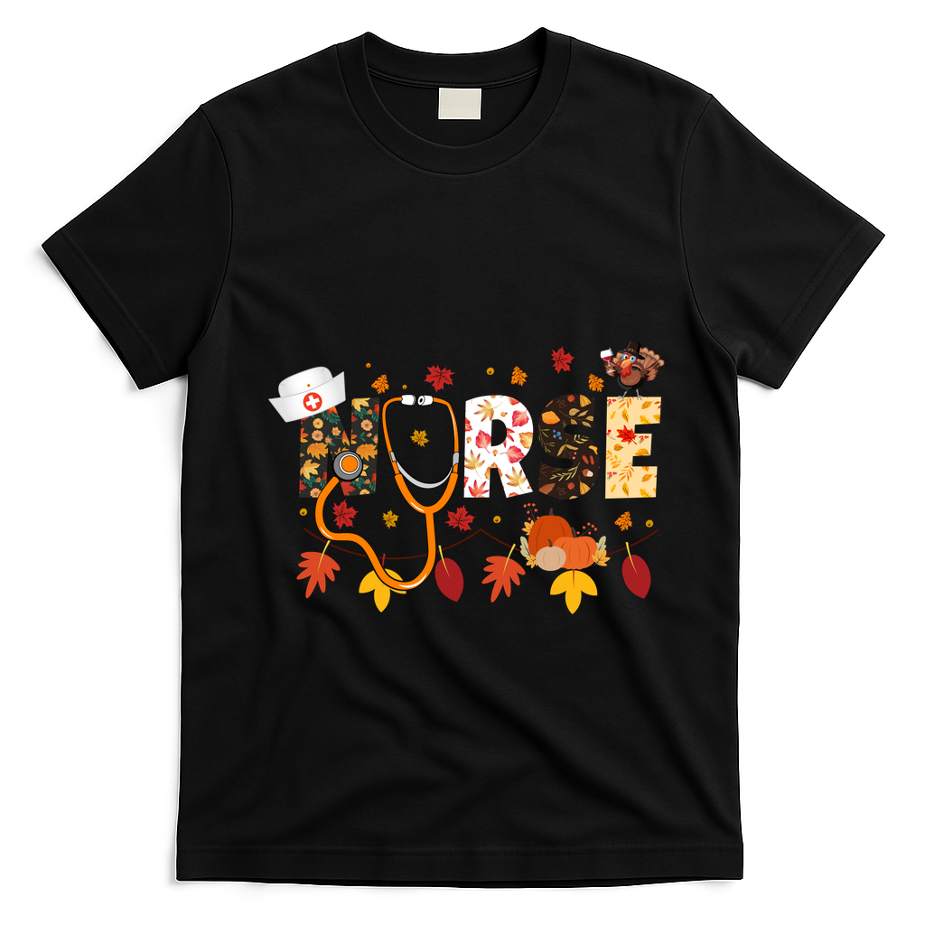 Cute Nurse Fall Thanksgiving Autumn T-Shirt - Black