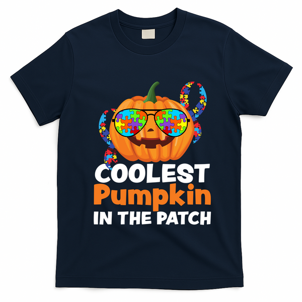 Coolest Pumpkin In The Patch Autism Halloween Gift T-Shirt - Navy Blue