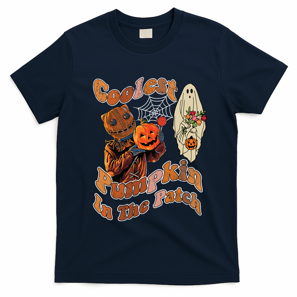 Coolest Pumpkin In The Patch Floral Ghost Funny Gift T-Shirt - Navy Blue