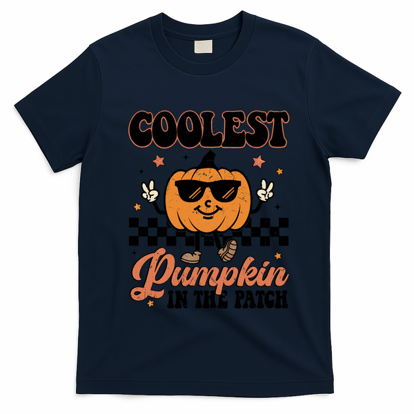 Coolest Pumpkin In The Patch Fall Vibes Retro Halloween Autumn T-Shirt - Navy Blue