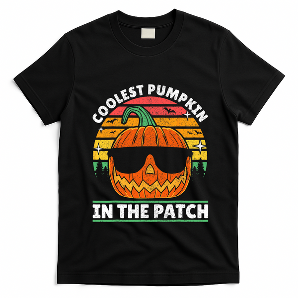 Coolest Pumpkin In The Patch Boy Retro Groovy Halloween T-Shirt - Black