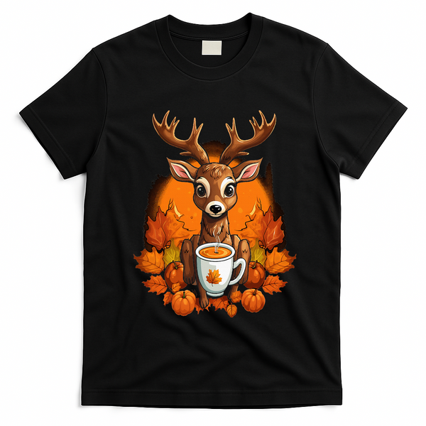 Deer Antlers Pumpkin Spice Latte Fall Thanksgiving Halloween T-Shirt - Black