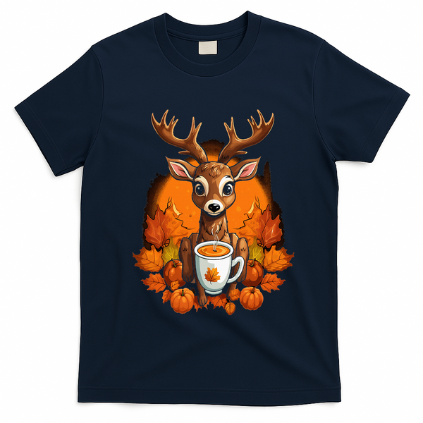Deer Antlers Pumpkin Spice Latte Fall Thanksgiving Halloween T-Shirt - Navy Blue