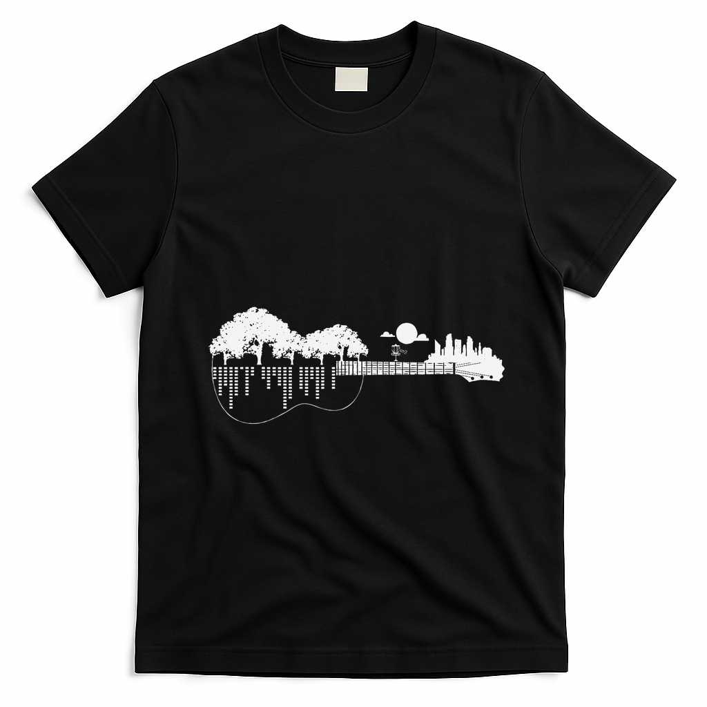 Disc Golf Flying Disc Disc Golf Sunset Guitar T-Shirt - Black
