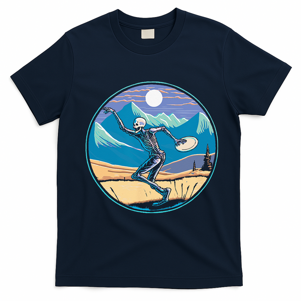 Disc Golf Player Skeleton Disc Golfer Funny Outdoor Nature T-Shirt - Navy Blue