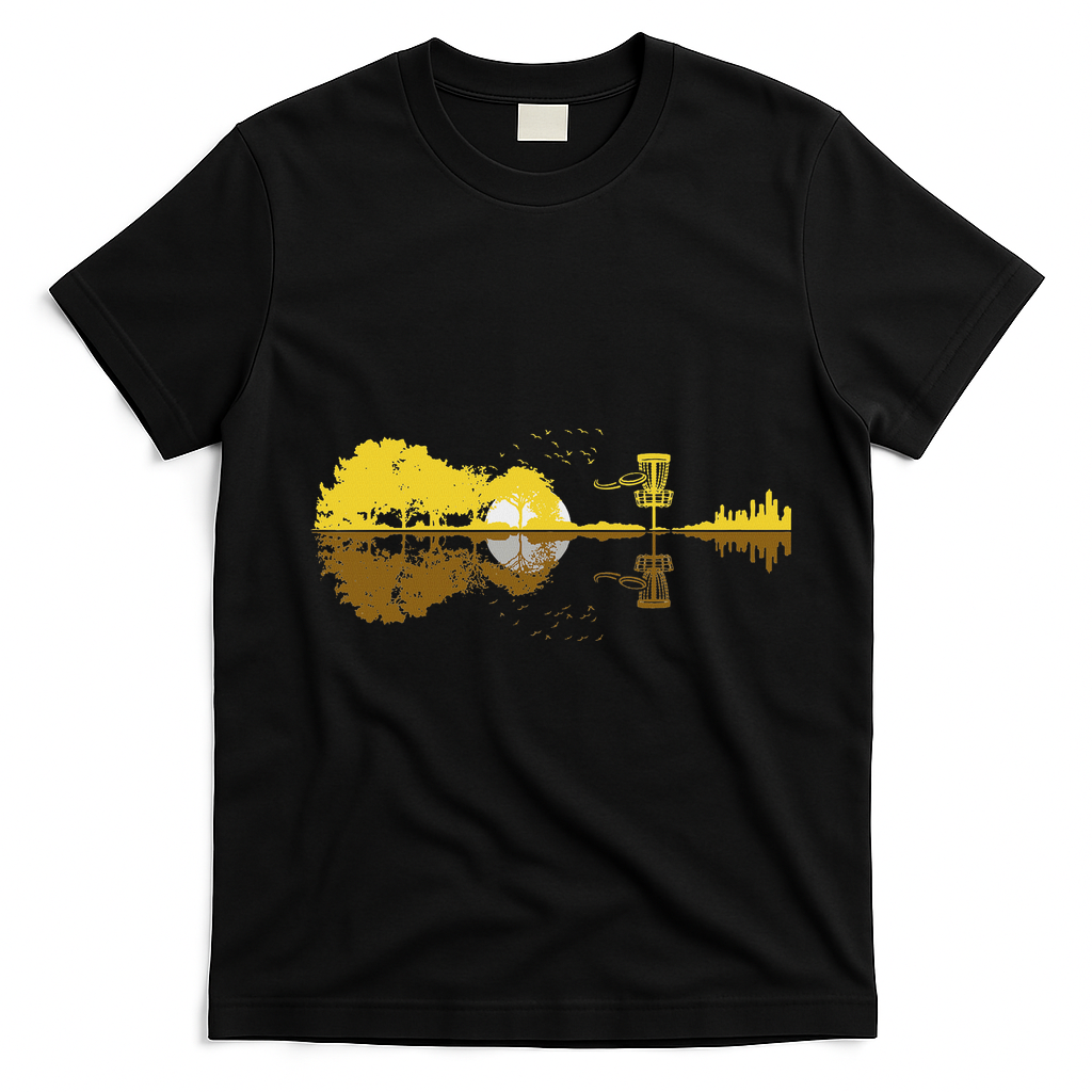 Disc Golf Sunset Guitar Guitarist Player Golfing Frisbee Dad T-Shirt - Black