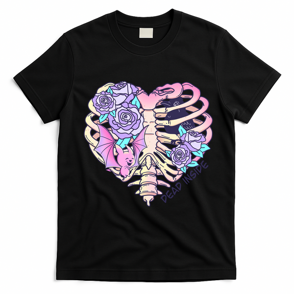 Dead Inside Pink Skeleton Chest Crow Heart Roses Halloween Gift T-Shirt - Black