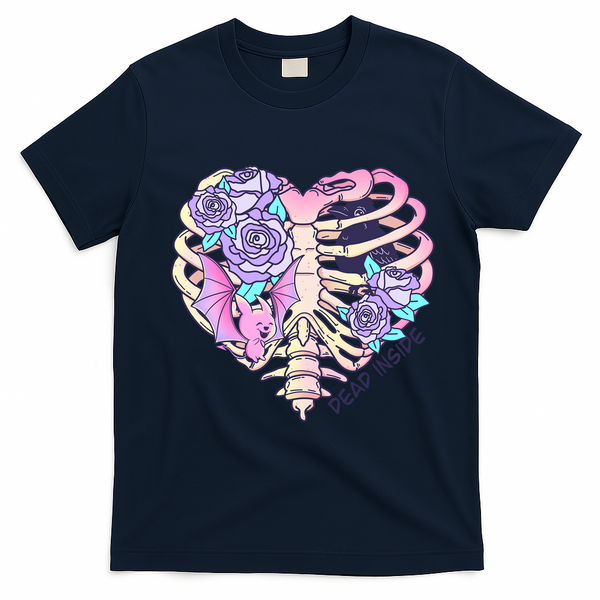 Dead Inside Pink Skeleton Chest Crow Heart Roses Halloween Gift T-Shirt - Navy Blue