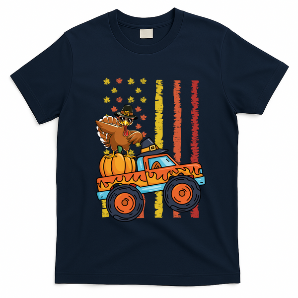 Dabbing Turkey Pumpkin Truck Autumn Usa Flag Thanksgiving Gift T-Shirt - Navy Blue