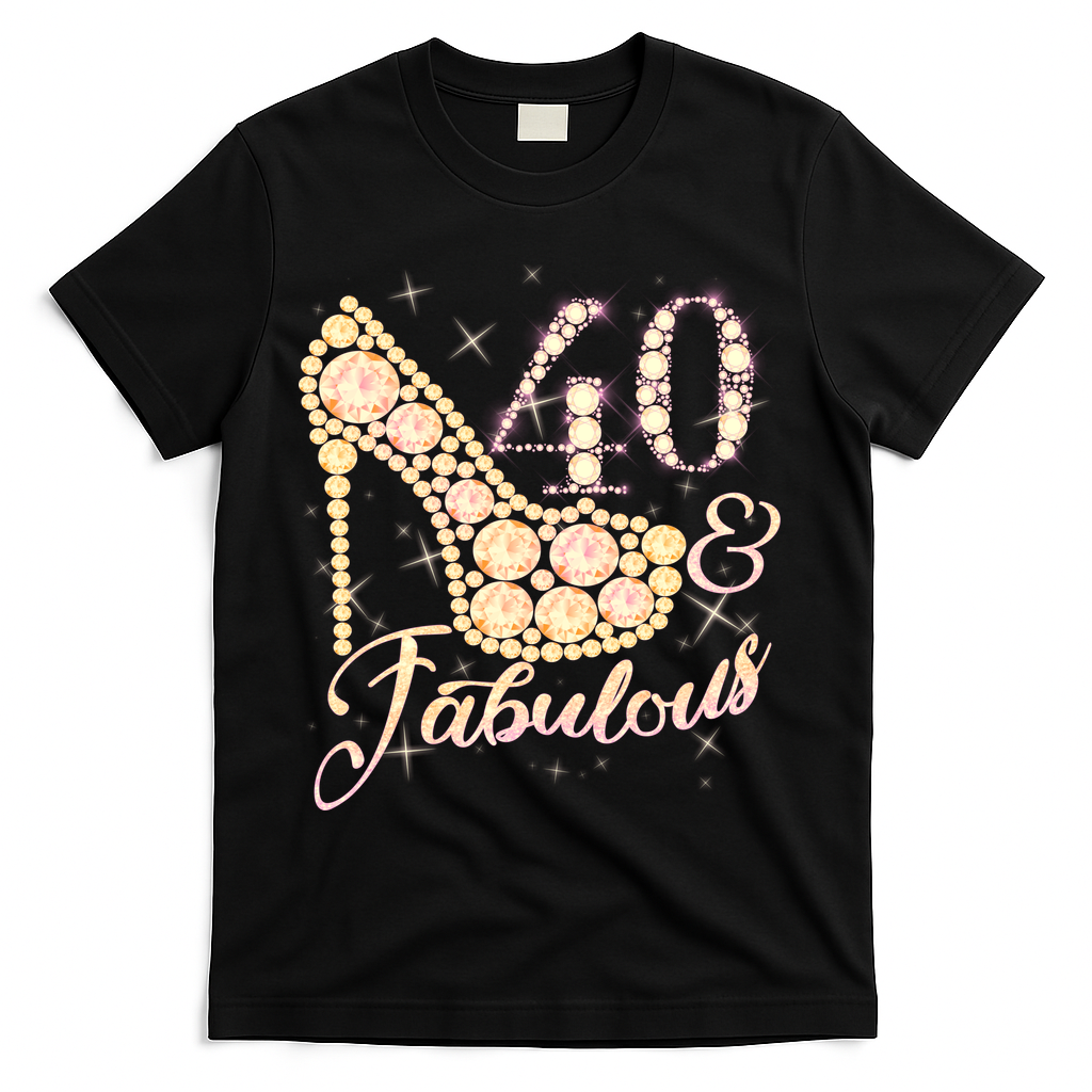 Fabulous & 40 Sparkly Heel 40th Birthday T-Shirt - Black